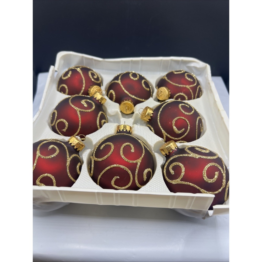 Unique Treasures Blown Glass Christmas Ornaments Set of 8 Burgundy Gold Swirl